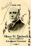 Photograph of Henry H. Denhardt from a campaign pamphlet urging voters to elect Denhardt.  Across Denhardt's face, a Campbell County voter scrawled "Not on your life."