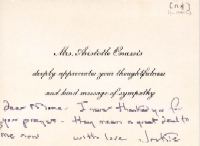 A note to Mona from Jackie Kennedy Onassis, probably sent after the death of her husband Aristotle Onasiss, ca. 1970s. Filson Manuscript Collection