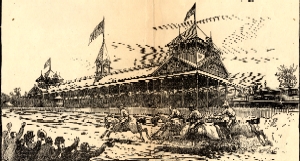 Horses thunder past the Churchill Downs grandstand at the finish of a race. The Graphic News, May 15, 1886. Filson Print Collection