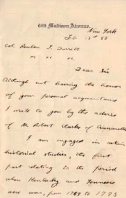 Roosevelt's February 18, 1888, letter to Durrett. Filson Manuscript Collection