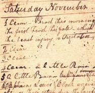 Jonathan Clarks November 5, 1806, diary entry recording the return of Lewis and Clark to Louisville from their journey to the Pacific. The Filson Historical Society