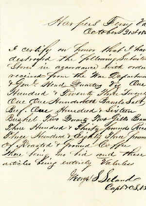 George S. Leland's October 31, 1862 letter describing stores he ordered destroyed.