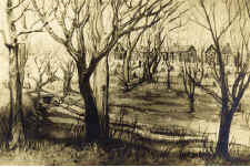 Log cabin built by Rev. S.T. Badin in 1794 and turned over to Bishop Flaget on his arrival in Kentucky in 1811.  The brick cottage built by Father Badin in 1816 - now occupies the site in rear of No. 3 - shown in the sketch.  All the buildings shown in the picture no longer exist.