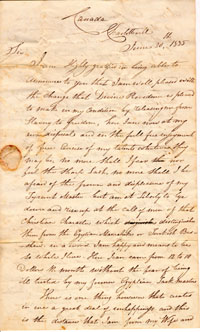 Letter from escaped slave Zephaniah to his former master Adam Beatty reporting his arrival in Canada and the desire to purchase his wife's freedom, 28 June 1835.