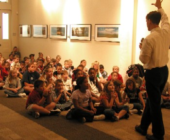 Education coordinator Brian Pollock demonstrates how William Clark would have used a sextant in mapmaking during the Expedition.  The sextant and other items from the Lewis and Clark trunk provide students with a hands-on learning experience. 