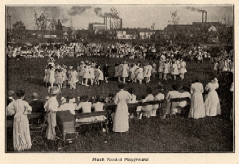 Image from the 1912 Kentucky Child Welfare Exhibit Pamphlet showing a playground at the exhibit. This playground was set up by the Park Board as an example for future Louisville playgrounds. Frances Ingram Papers, Filson Manuscript Collection