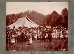 Sunday school in the mountains. A photograph from the scrapbook of Edward O. Guerrant of Wilmore, Ky., 1902. Guerrant's scrapbook contains "illustrations of the work of the Soul-Winners among the Highlanders of America." Filson Photograph Collection