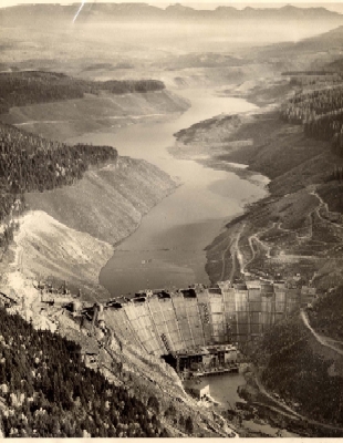 Hungry Horse Dam project in Montana. Photographed by the Bureau of Reclamation, October 10, 1951. Wallace generally deplored impoundments such as these that created recreational lakes while destroying natural streams. Filson Photograph Collection