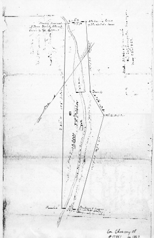 Plat of mill site by W.J. McGonigale, 22 May 1862.  Louisville Chancery Court Case 17351 (1863)