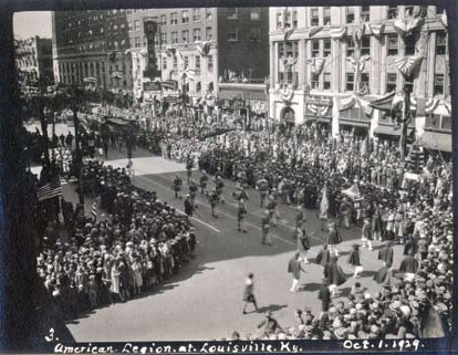 American Legion Parade, 1929 In 1929, Jefferson Post #15, the largest Legion post in the world at that time, hosted the national convention. Rogers Clark Ballard Thruston Photograph Collection.