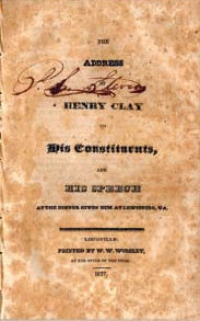 An 1827 Louisville imprint of a speech given by Henry Clay. The Filson Historical Society