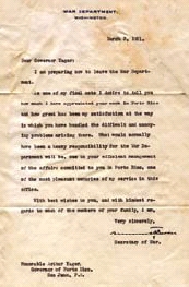 Letter from Secretary of War Newton Baker to Arthur Yager, 3 March 1921. Filson Manuscript Collection